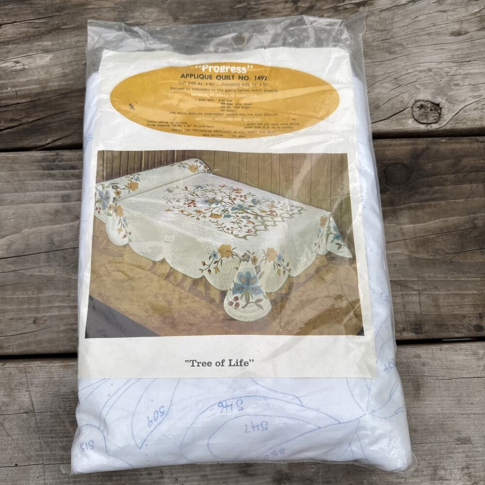 Vintage Progress Tree Of Life Applique Quilt Complete Kit 1492 Open Package